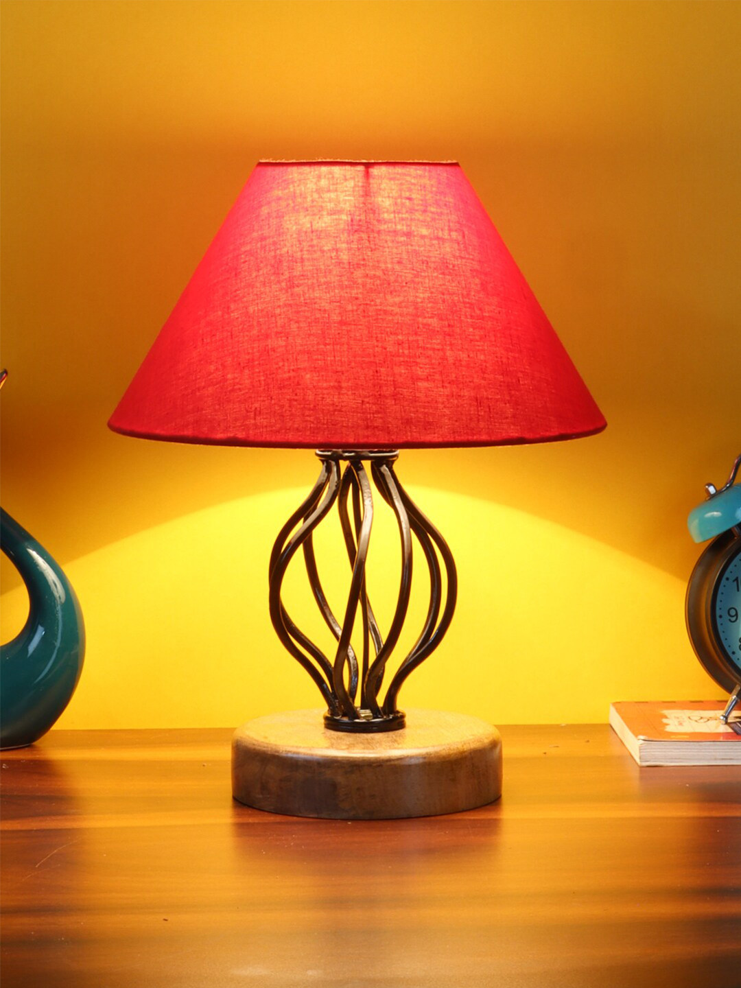 Devansh Red Cotton Table Lamp With Wood & Iron Base