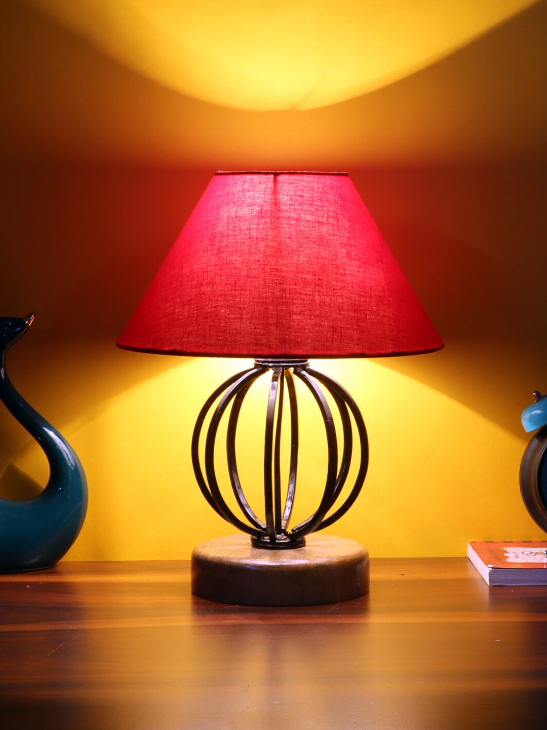 Devansh Red Cotton Table Lamp with Wood & Iron Base