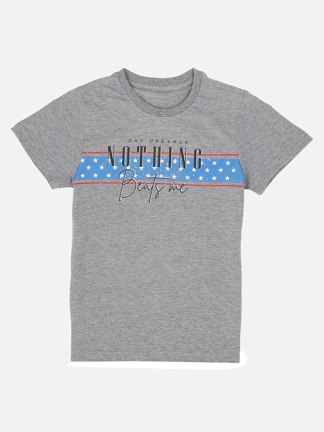 PROTEENS Boys Grey & Blue Typography Printed Cotton T-shirt