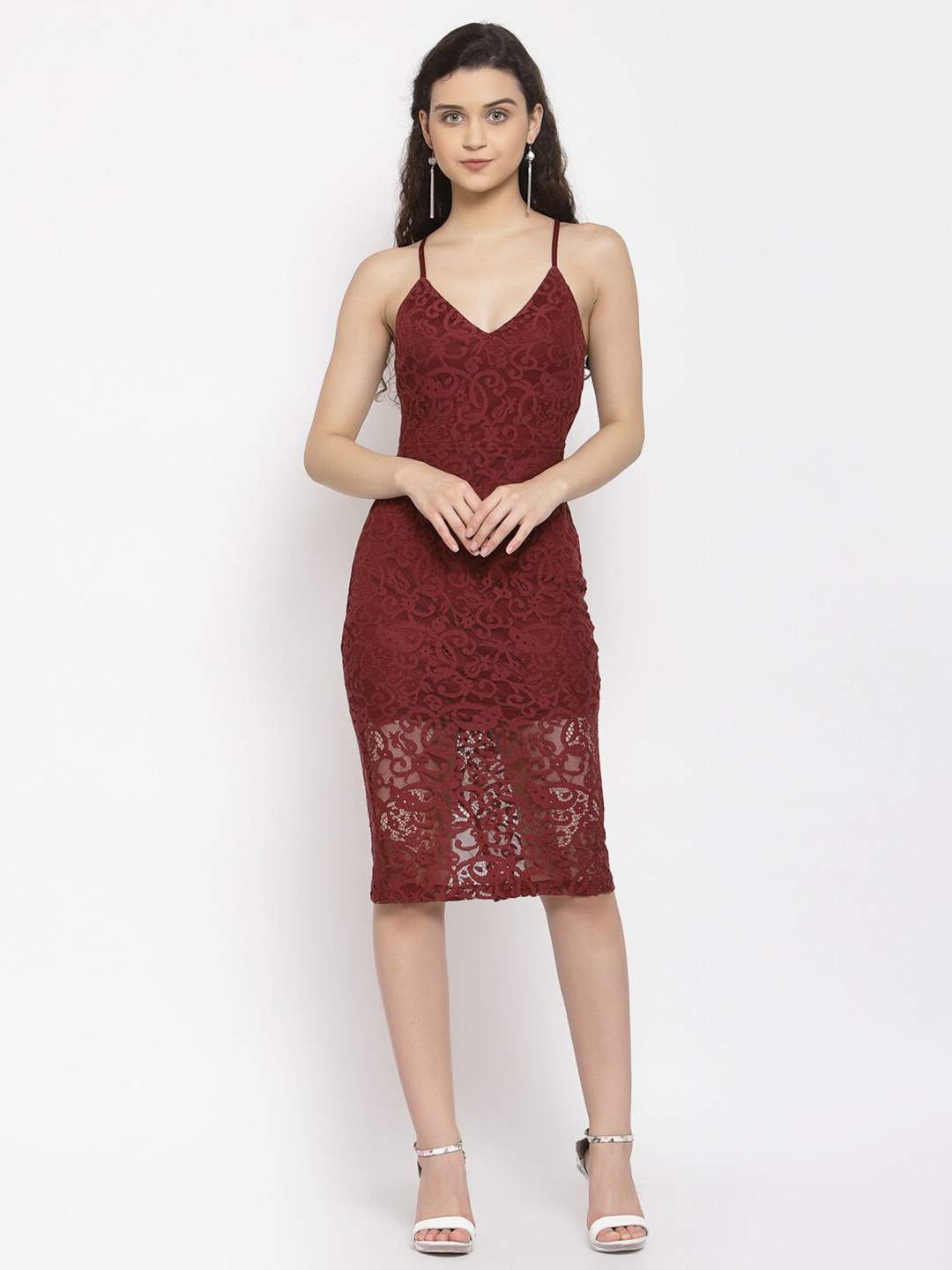 iki chic Maroon Lace Slip Midi Dress