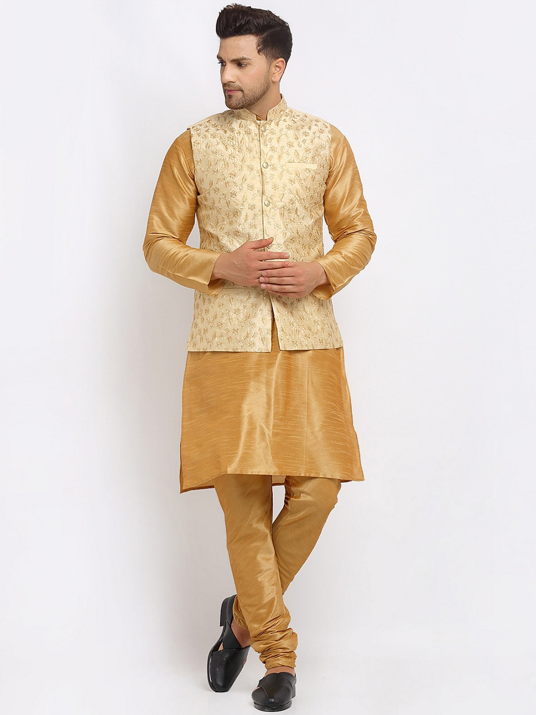 KRAFT INDIA Men Gold-Toned Kurta and Churidar with Embroidered Nehru jacket