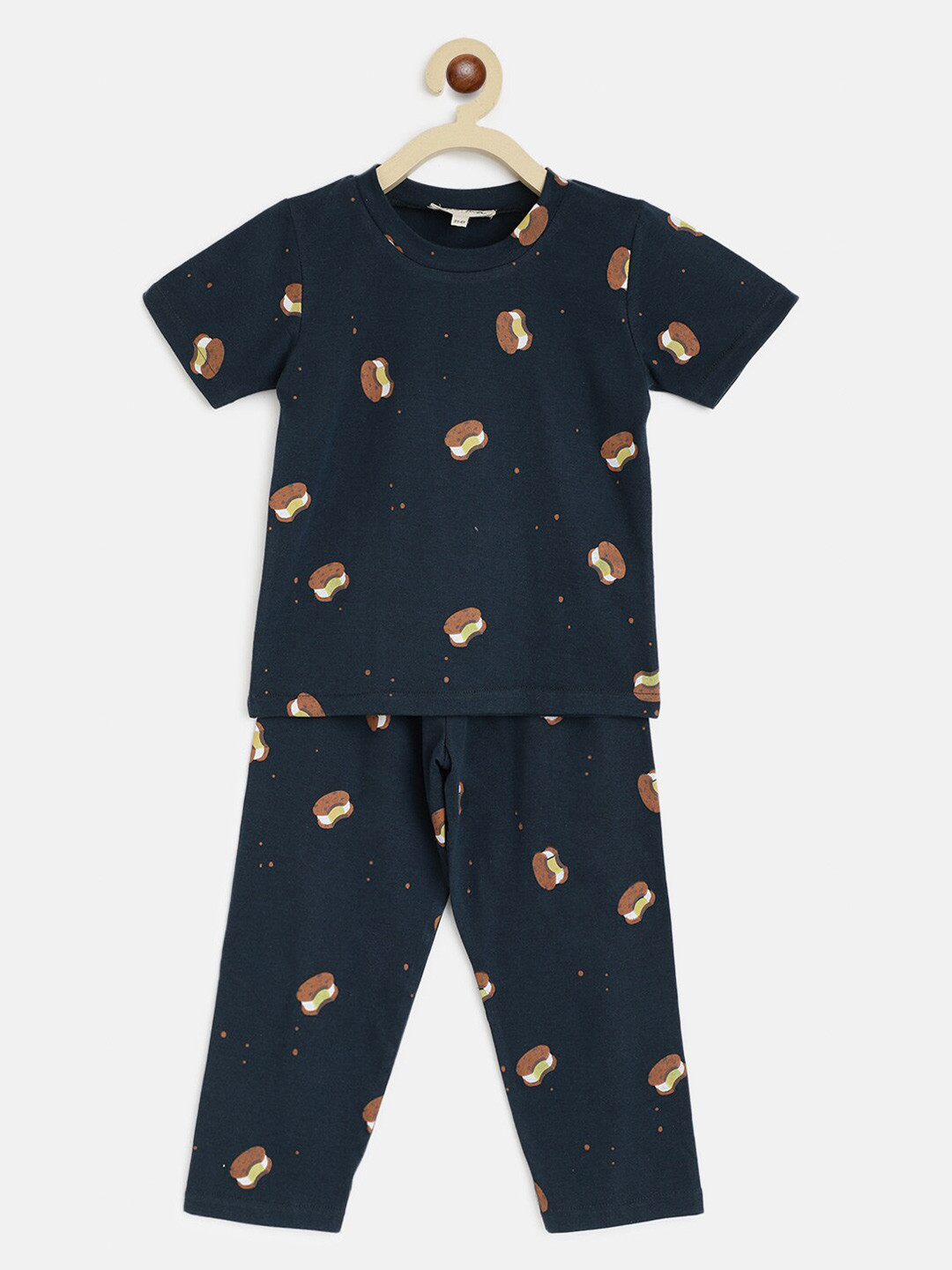 am ma Unisex Kids Navy Blue & Brown Printed T-shirt