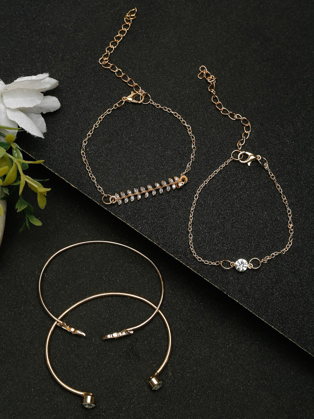 Celena Cole Women Set Of 4 Gold-Toned & White Stones Studded Gold-Plated Link Bracelet