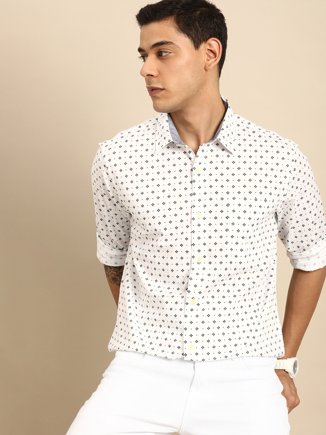 Nautica Men White Slim Fit Micro Ditsy Printed Casual Shirt