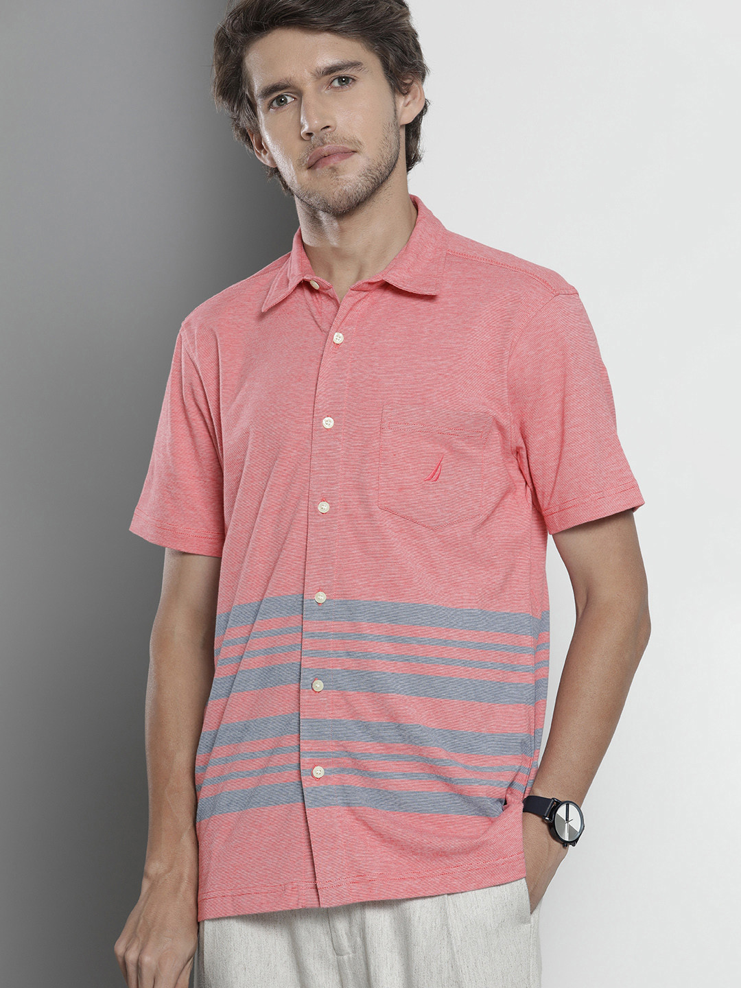 Nautica Men Pink & Blue Striped Slim Fit Casual Shirt