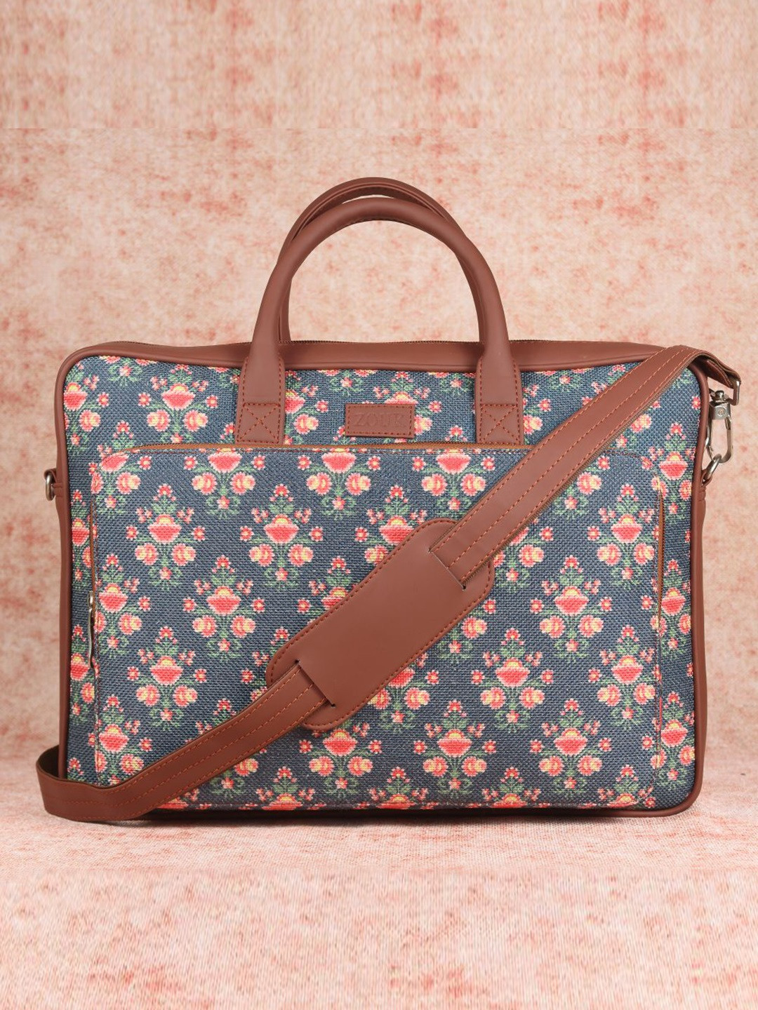 ZOUK Unisex Navy Blue & Brown Mughal Garden Printed Vegan Leather & Jute Laptop Bag
