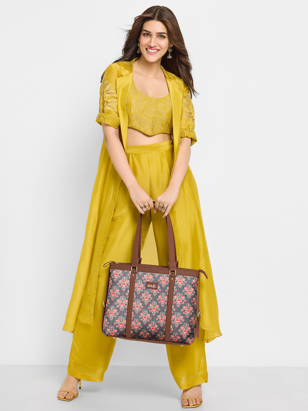 ZOUK Mughal Garden Print Floral Buckle Detail Jute Water Resistant Large Shopper Tote Bag