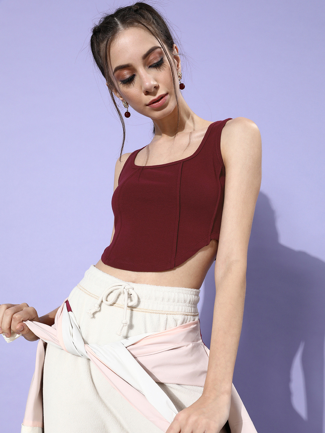 STREET 9 Woman Charming Maroon Solid Cropped Top