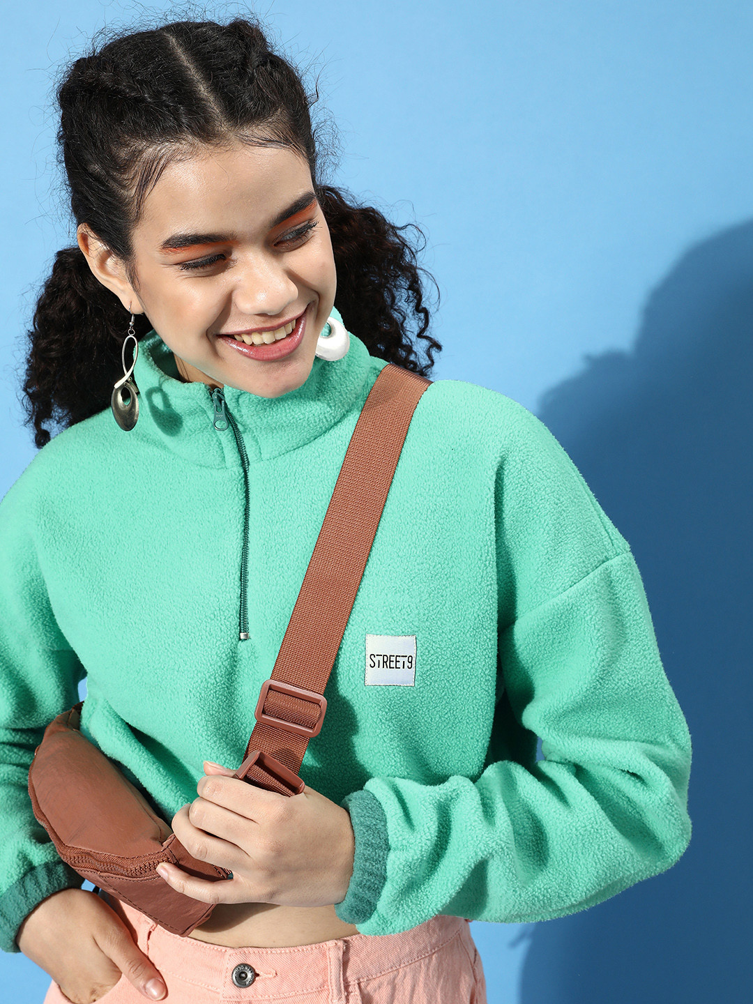 STREET 9 Women Enchanting Sea Green Solid Cropped Sweatshirt