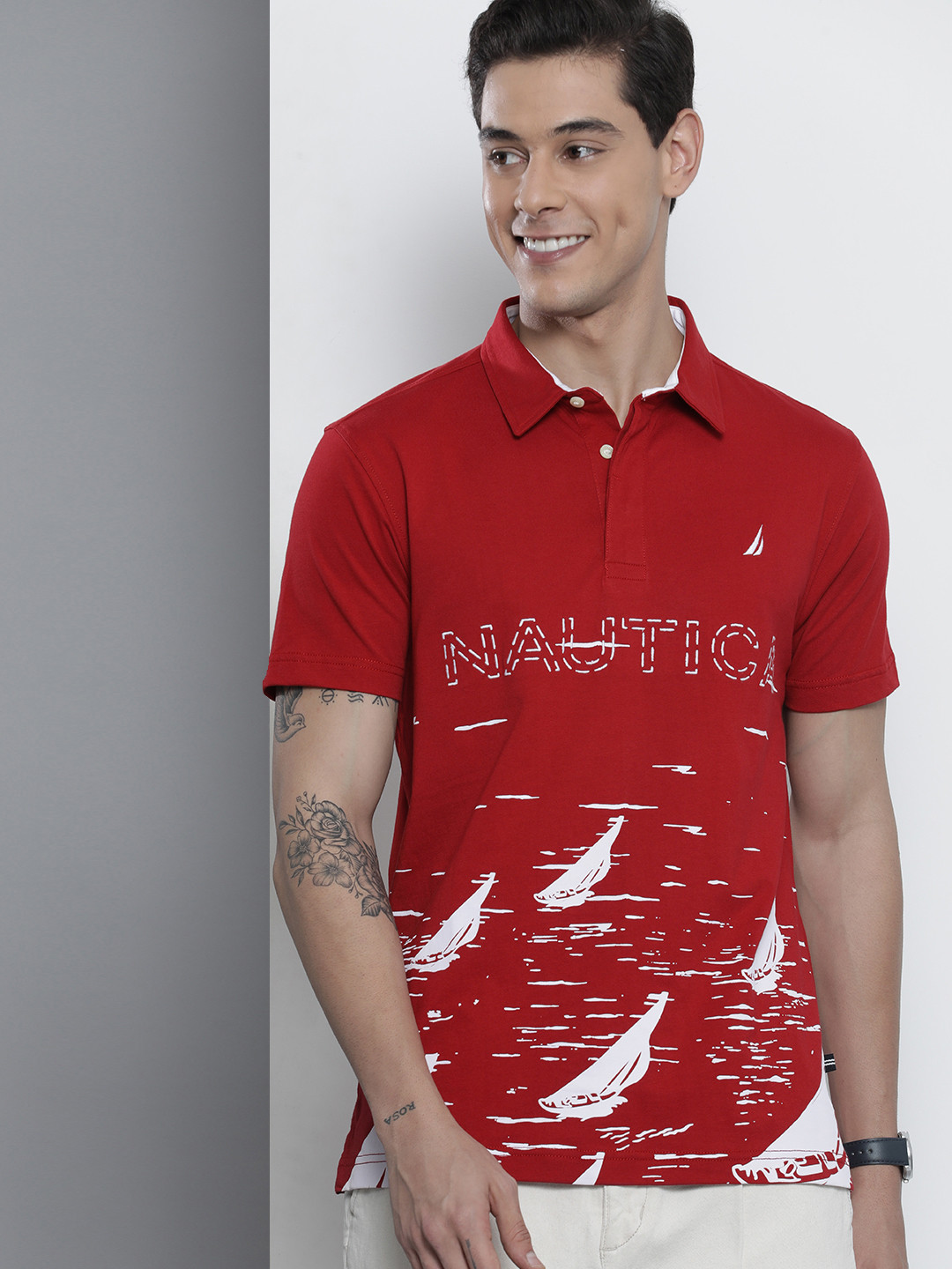 Nautica Men Red & White Printed Polo Collar Pure Cotton  T-shirt