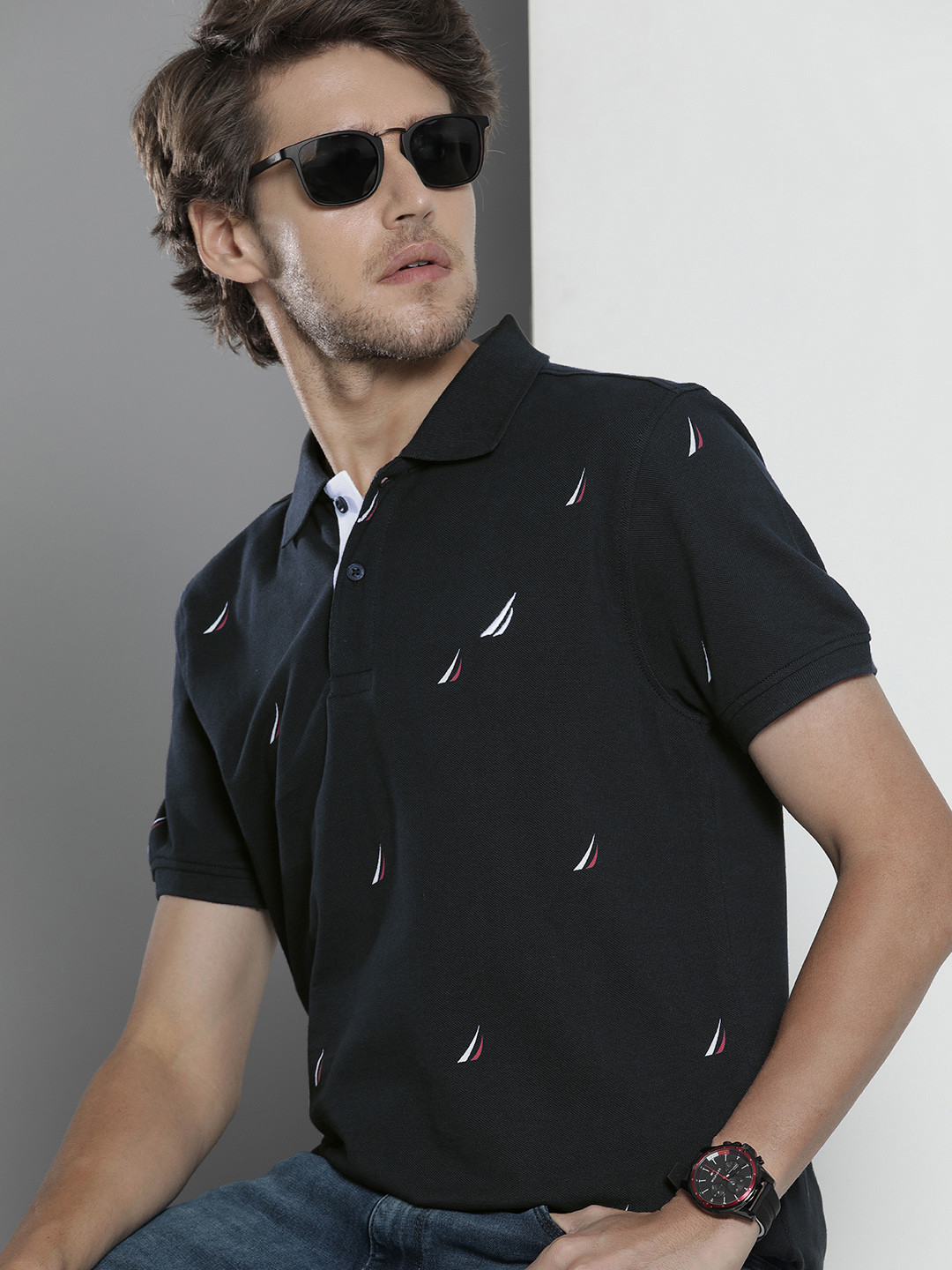 Nautica Men Navy Blue Brand Logo Printed Polo Collar Pure Cotton Slim Fit T-shirt