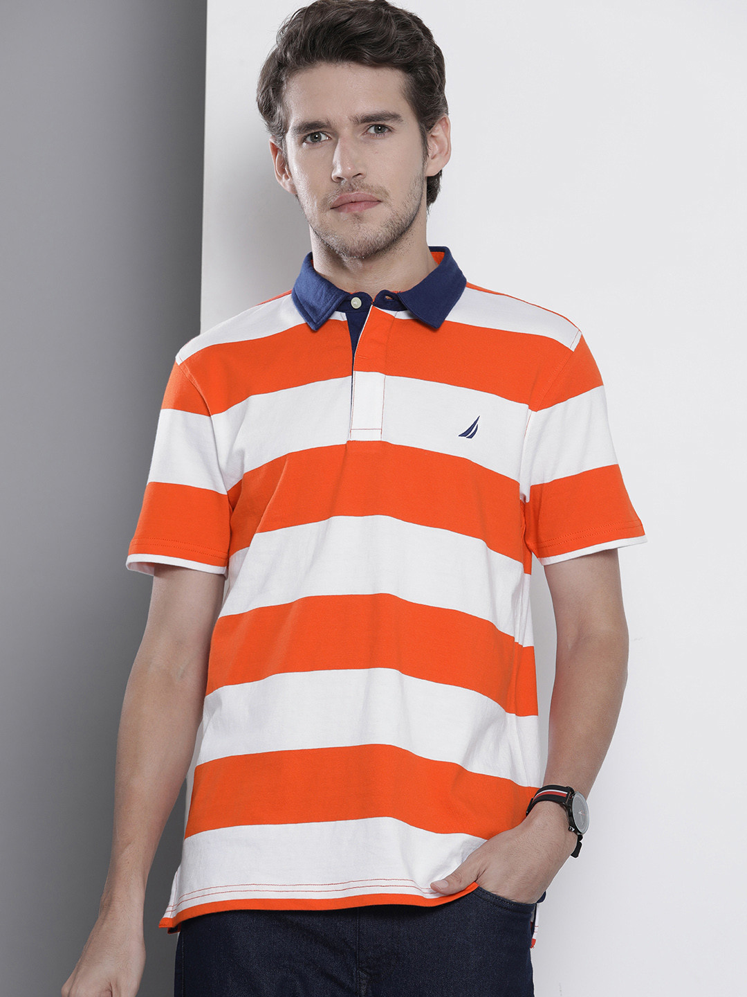 Nautica Men Orange & White Striped Polo Collar  Cotton Casual T-shirt
