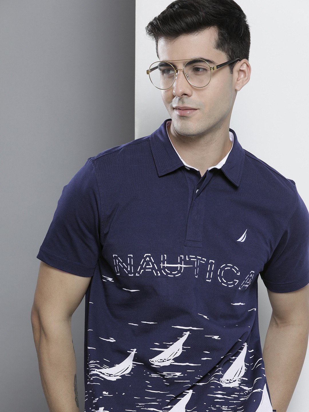 Nautica Men Blue & White Printed Polo Collar Pure Cotton Slim Fit T-shirt