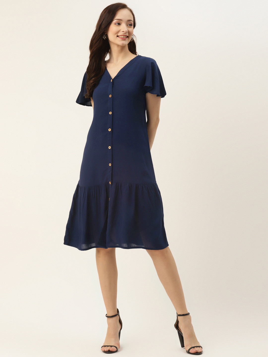 BRINNS Navy Blue Solid A-Line Midi Dress