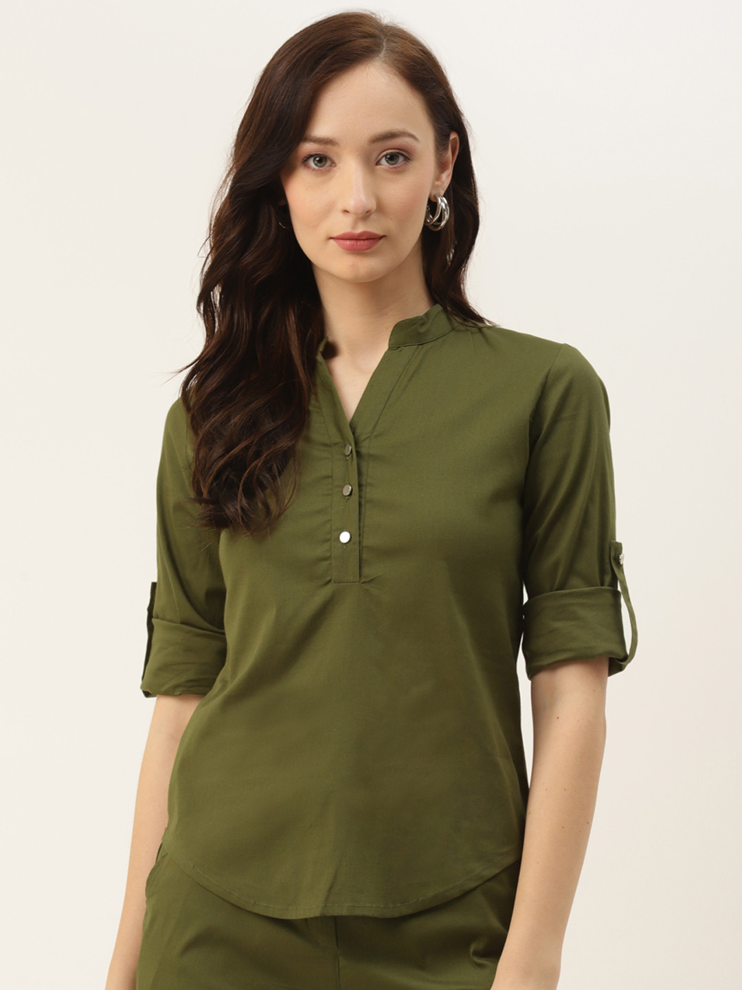 BRINNS Women Olive Green Solid Mandarin Collared Casual Shirt