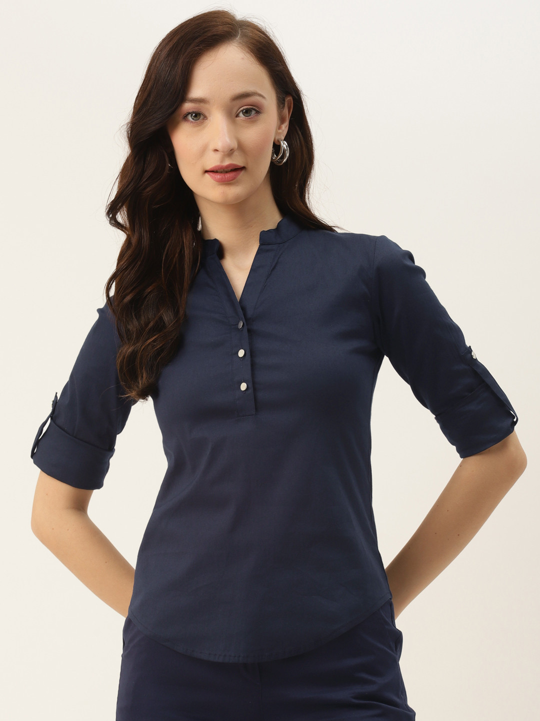 BRINNS Women Navy Blue Solid Mandarin Collared Casual Shirt