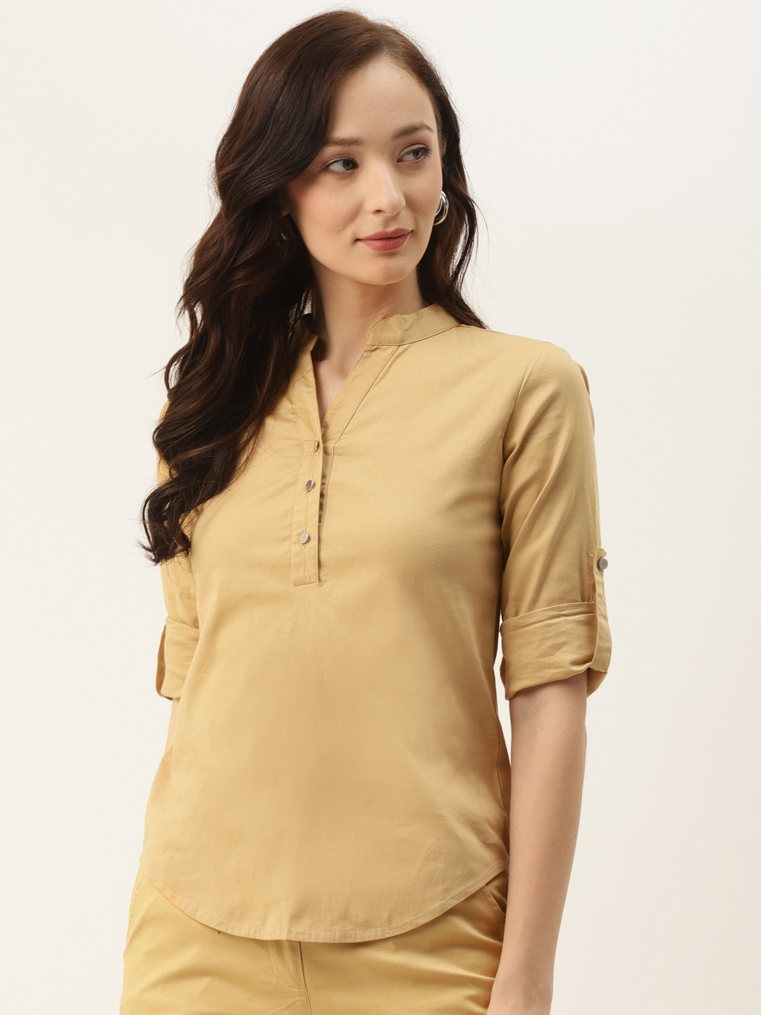 BRINNS Women Beige Solid Mandarin Collared Casual Shirt