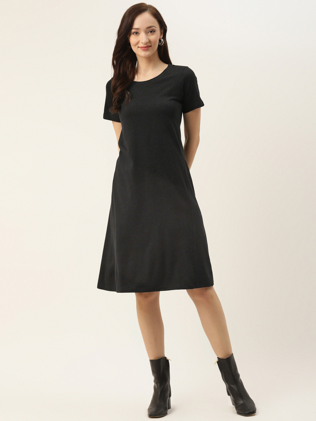 BRINNS Black Solid Round Neck Pure Cotton T-shirt Dress
