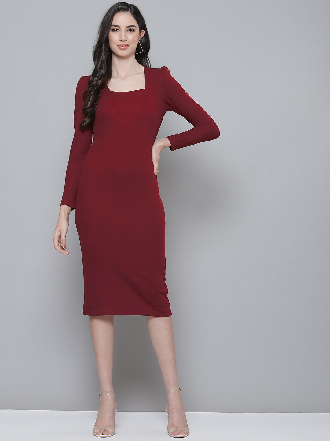 SASSAFRAS Maroon Ribbed Bodycon Dress