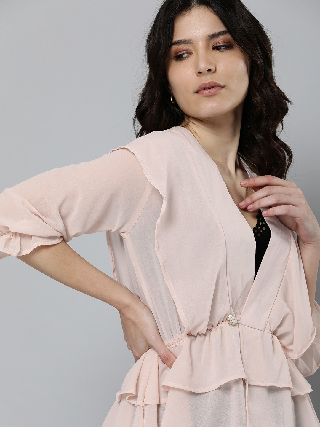 Kvsfab Women Pink Ruffled Jacket Style Georgette Top