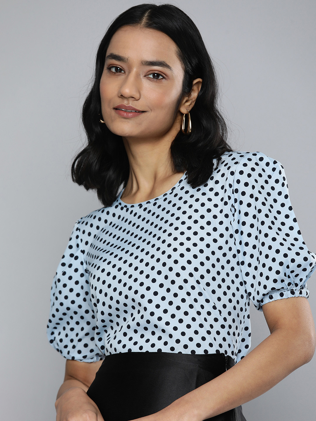 Kvsfab Women Blue & Black Polka Dotted Crape Top