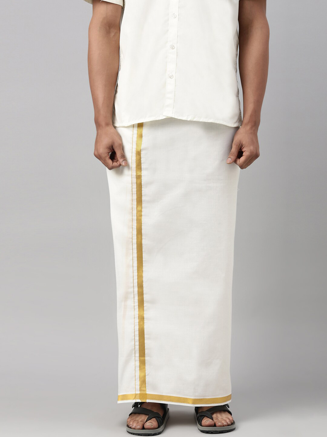 WHITE HEART Men Pure Cotton Single Layer Dhoti with Gold Zari Border