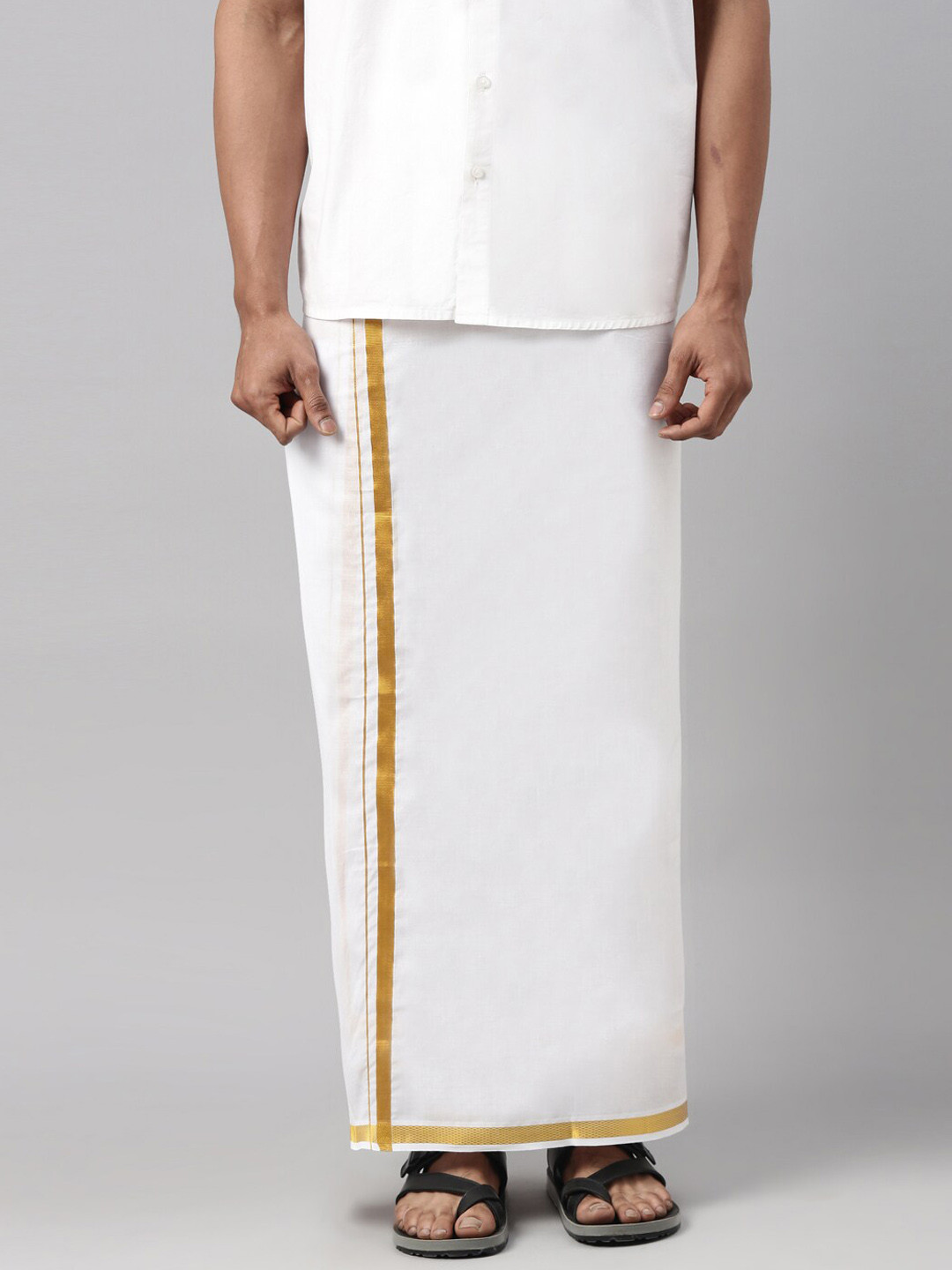 WHITE HEART Men Pure Cotton Single Layer Dhoti with Gold Zari Border