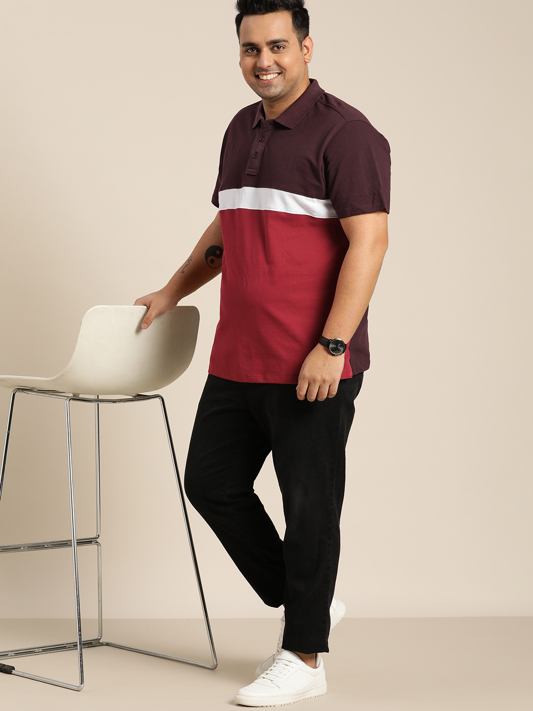 Sztori Men Plus Size Maroon & Red Colourblocked Polo Collar T-shirt