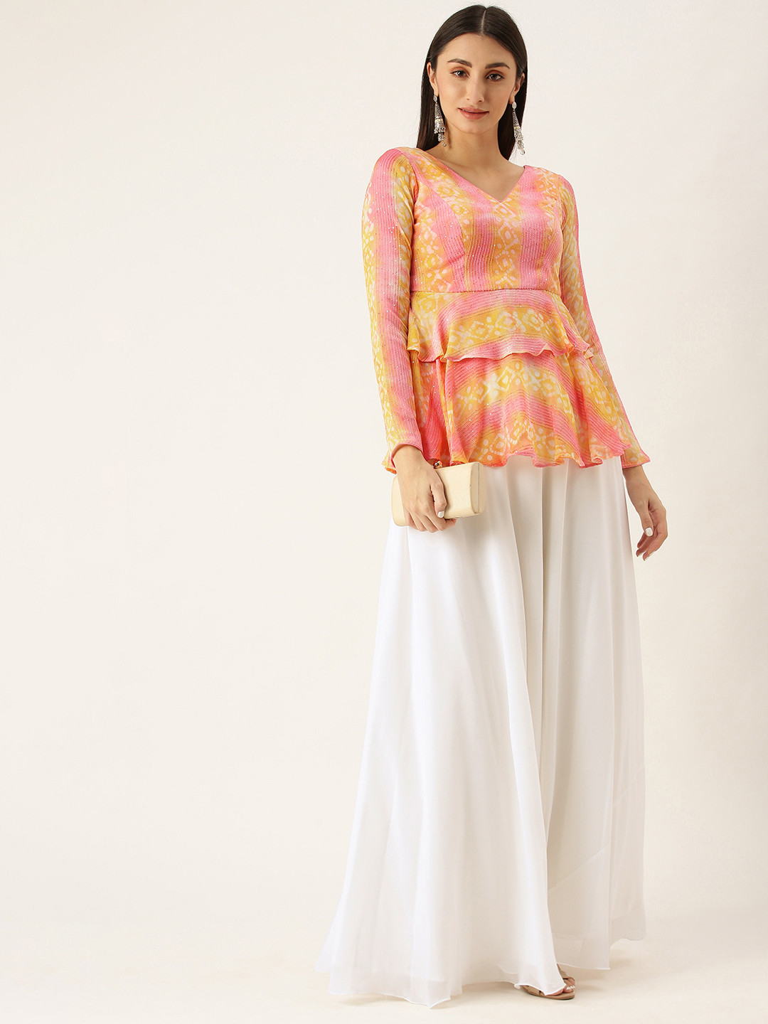 Ethnovog Pink  White Printed Made to Measure Peplum Skirt Set