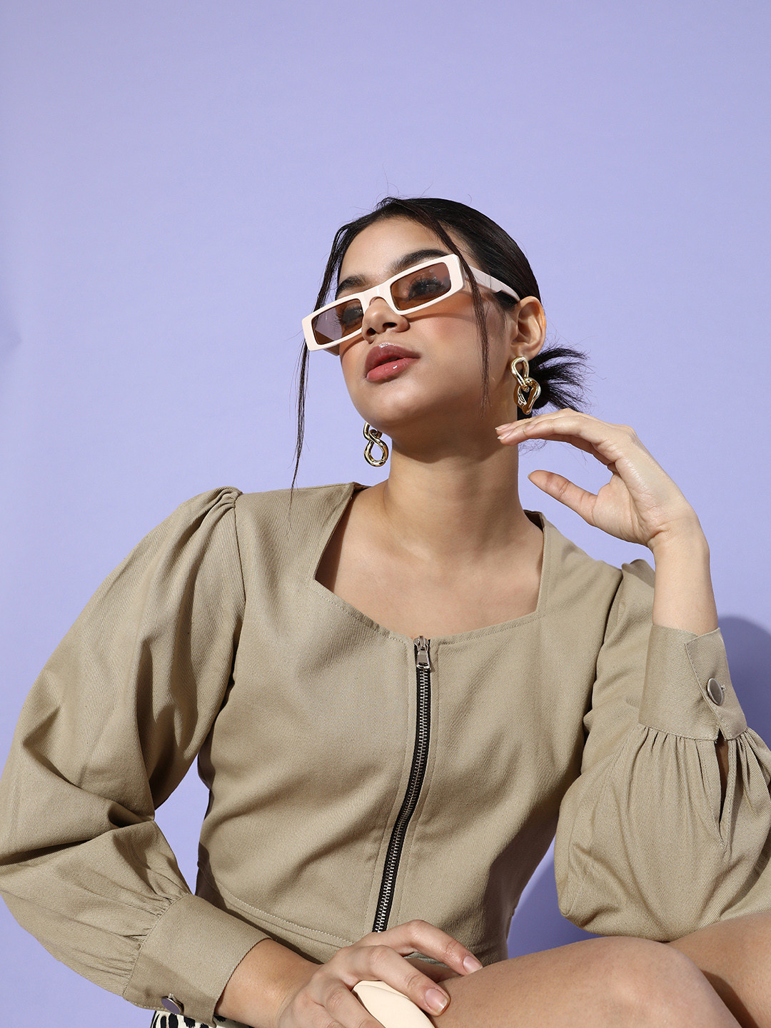 Popnetic Women Beautiful Grey Solid Pure Cotton Puff Sleeves Jacket