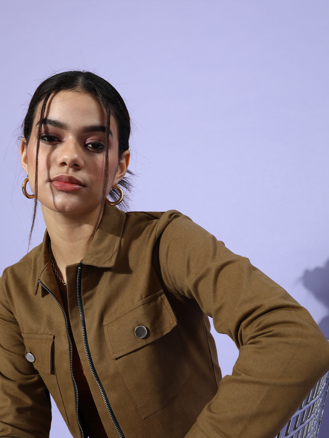 Popnetic Women Khaki Solid Pure Cotton Cropped Jacket