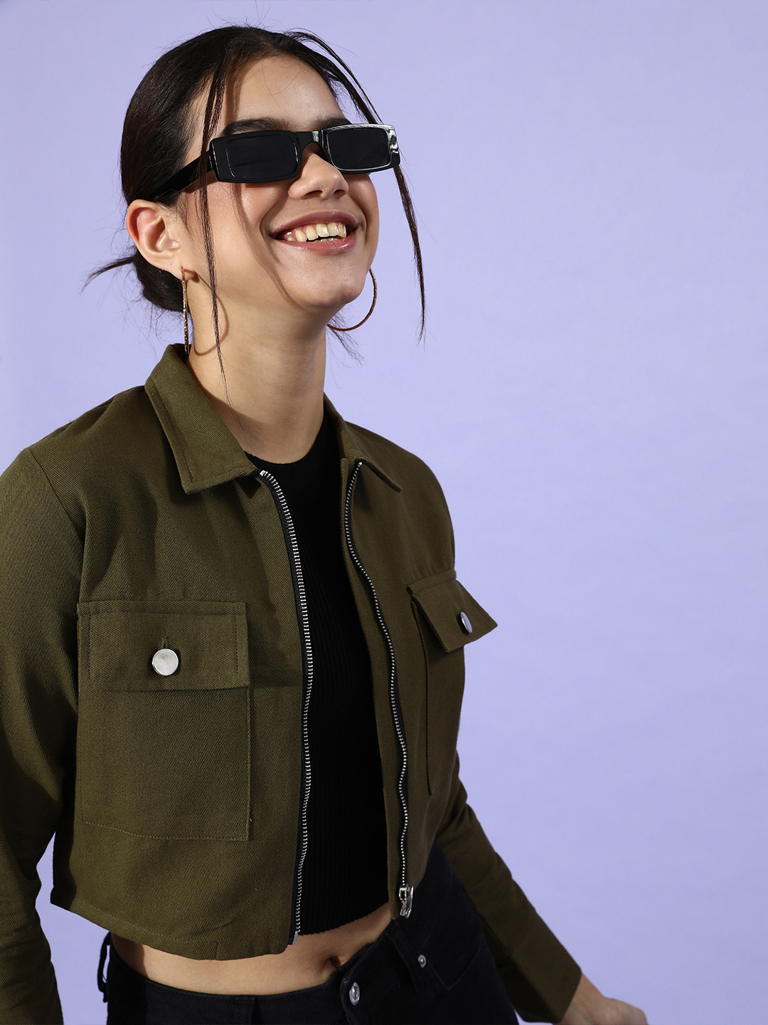 Popnetic Women Lovely Olive Solid Cropped Jacket