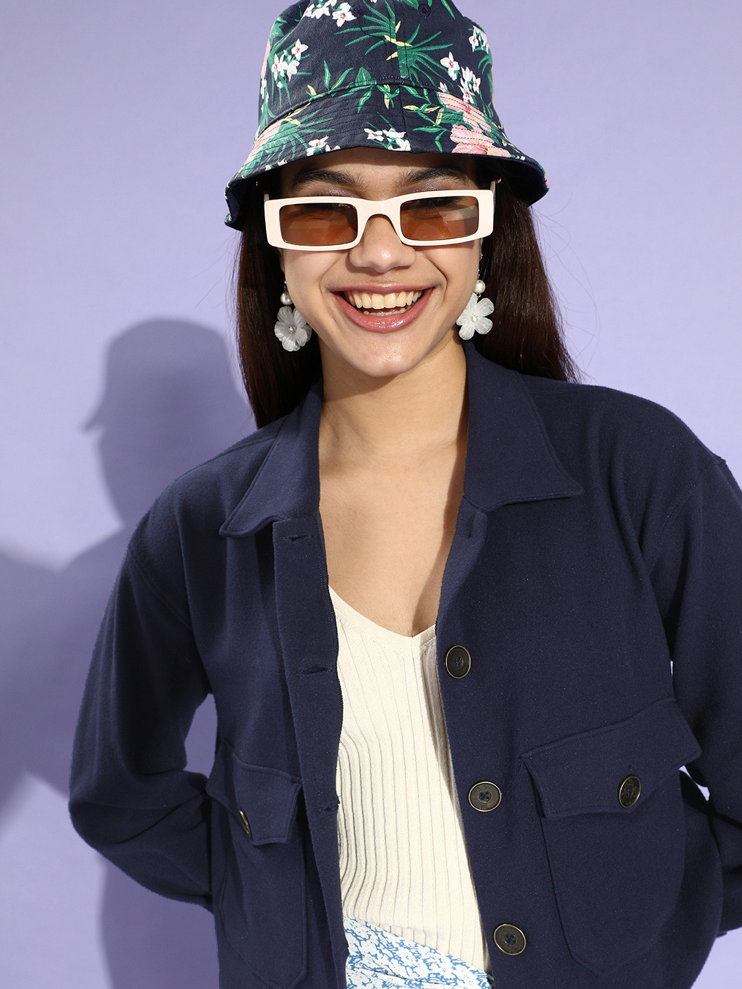 KASSUALLY Women Navy Blue Faux Fur Crop Tailored Jacket