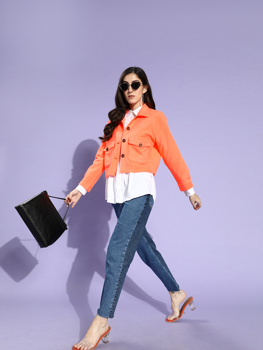 KASSUALLY Women Orange Faux Fur Crop Tailored Jacket