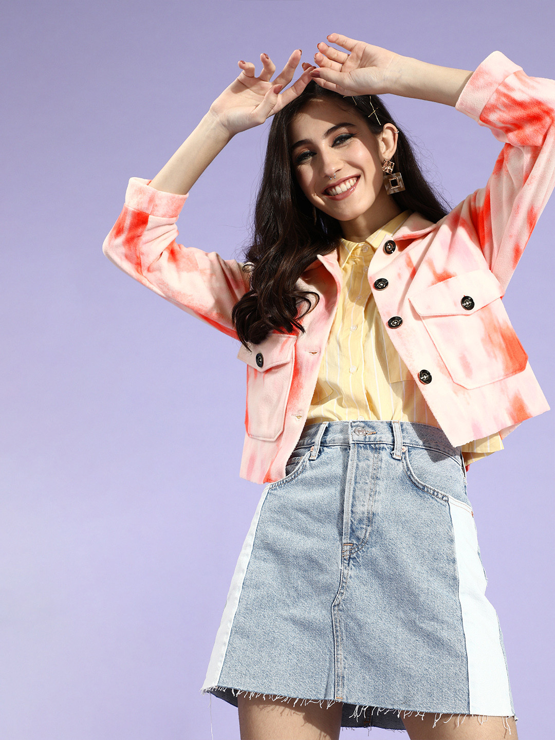 KASSUALLY Women Orange Tie and Dye Faux Fur Crop Tailored Jacket