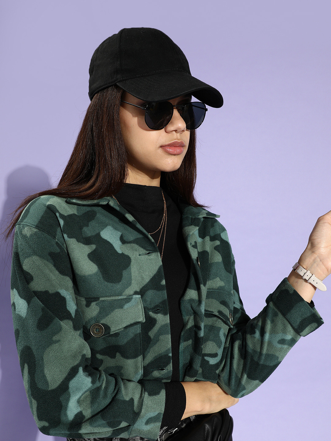 KASSUALLY Women Green Camouflage Faux Fur Crop Tailored Jacket
