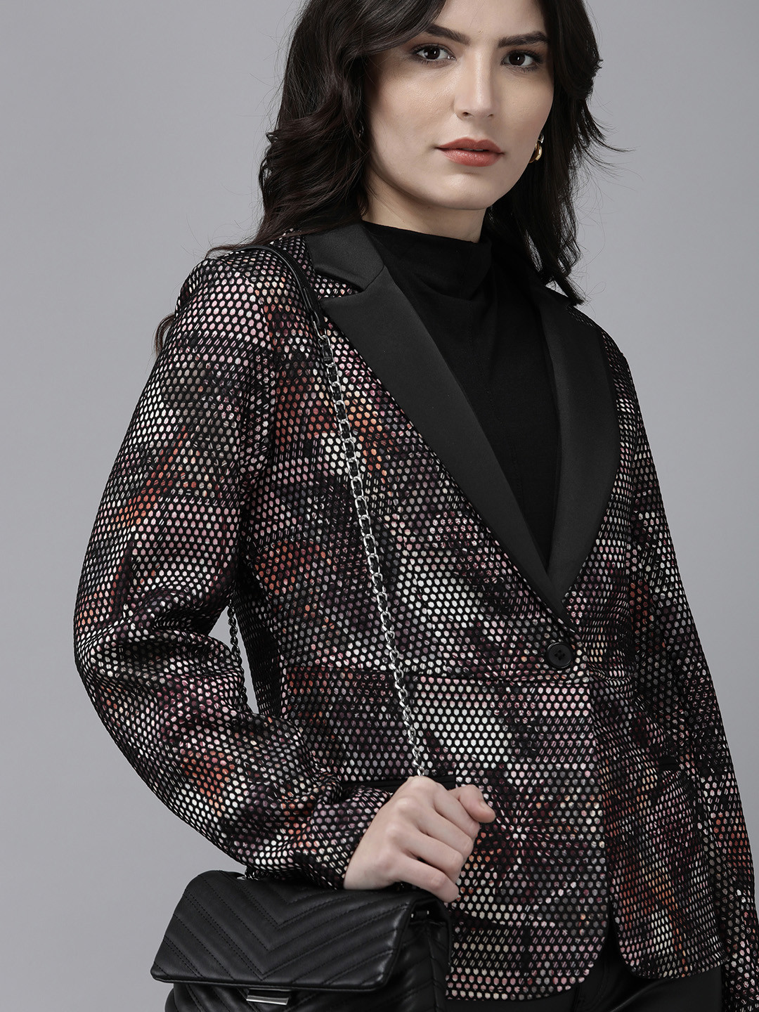 KASSUALLY Women Black & Purple Self-Designed Scuba Relaxed Fit Single-Breasted Blazer