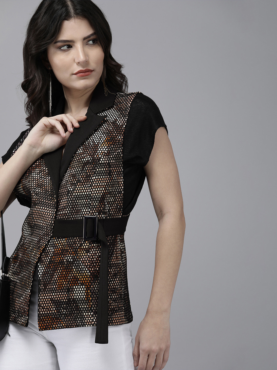 KASSUALLY Women Black & Brown Self-Designed Knotted Waistcoat