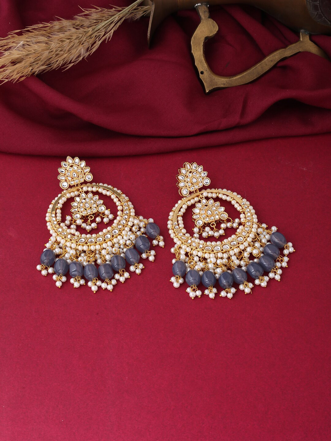 VIRAASI Gold-Toned Stones Studded Contemporary Meenakari Chandbalis Earrings