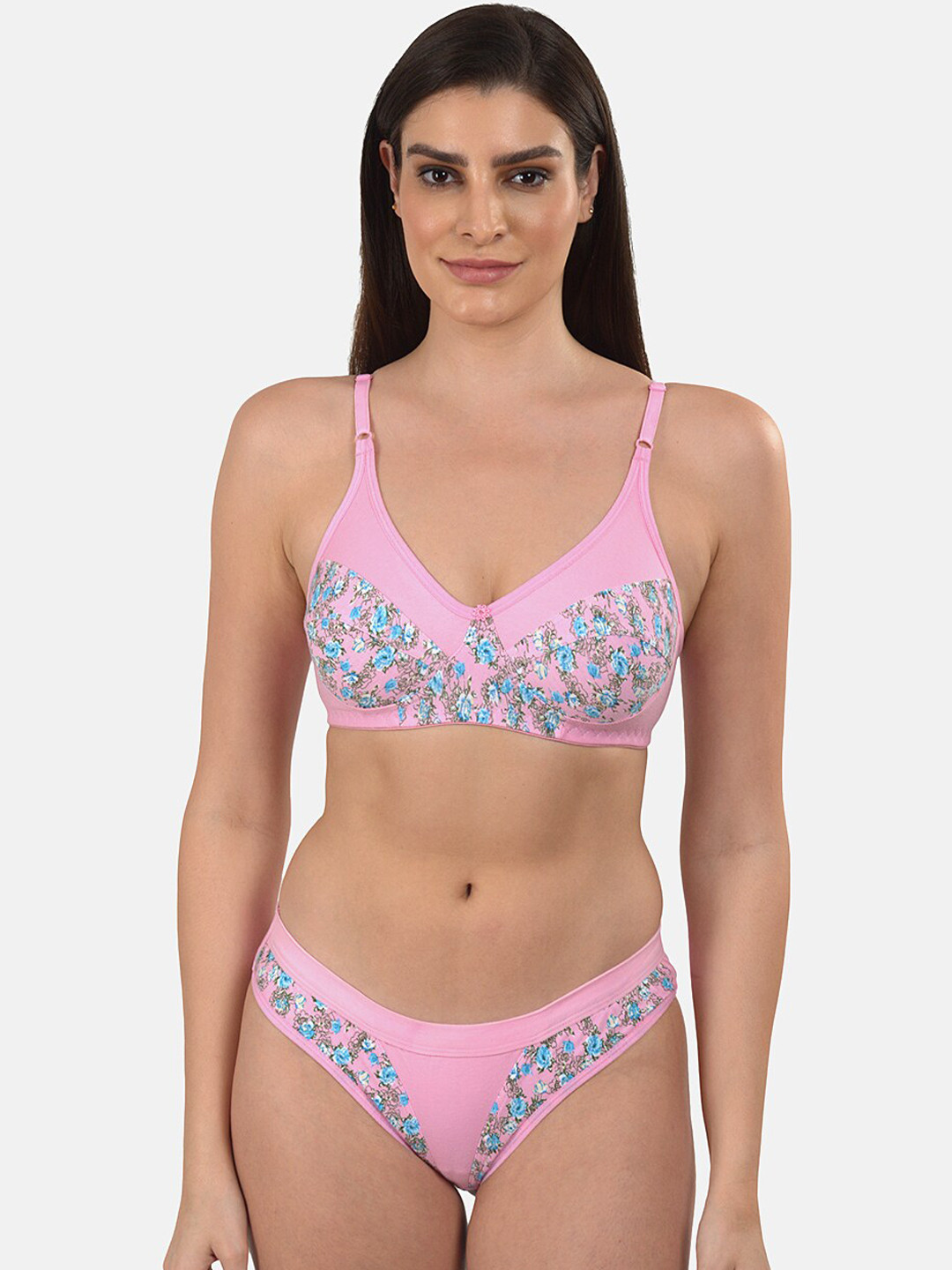 mod & shy Women Pink & Blue Floral Printed Lingerie Set MS354