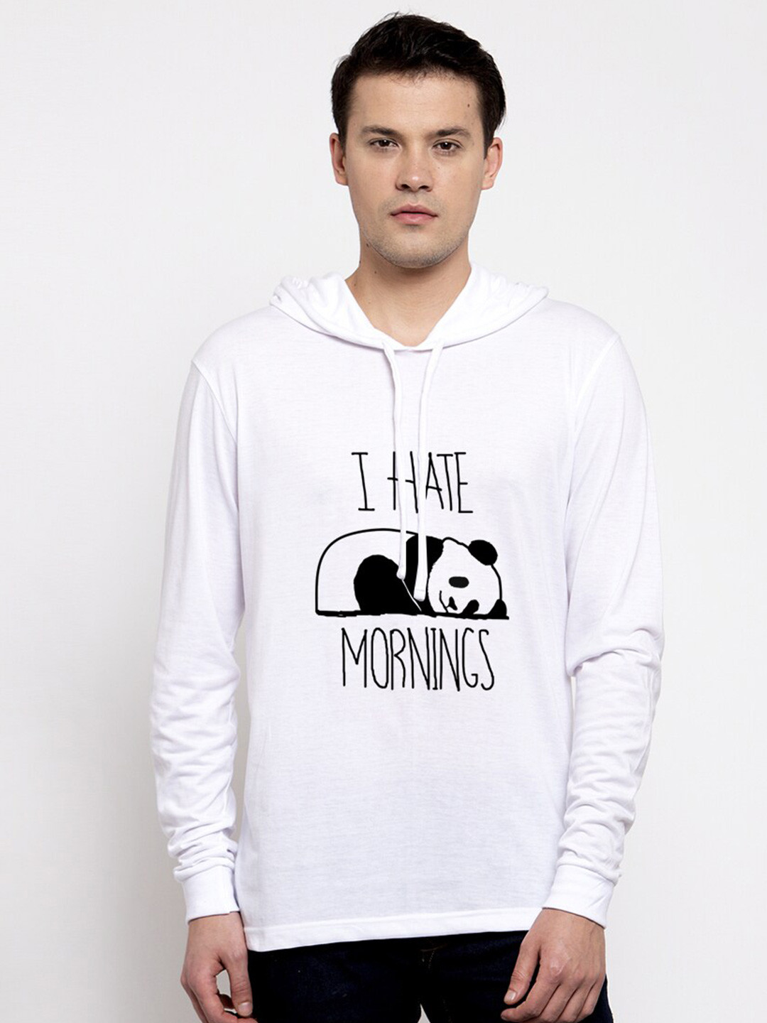 Friskers Men White & Black Kung Fu Panda Printed Hooded Cotton T-shirt