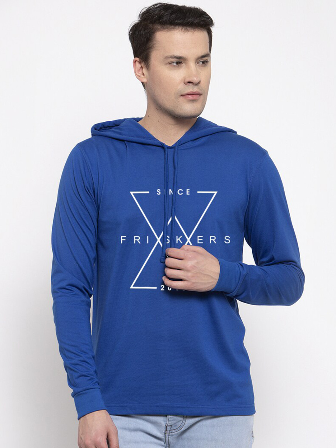 Friskers Men Blue Printed Raw Edge Full Sleeve Hooded T-shirt