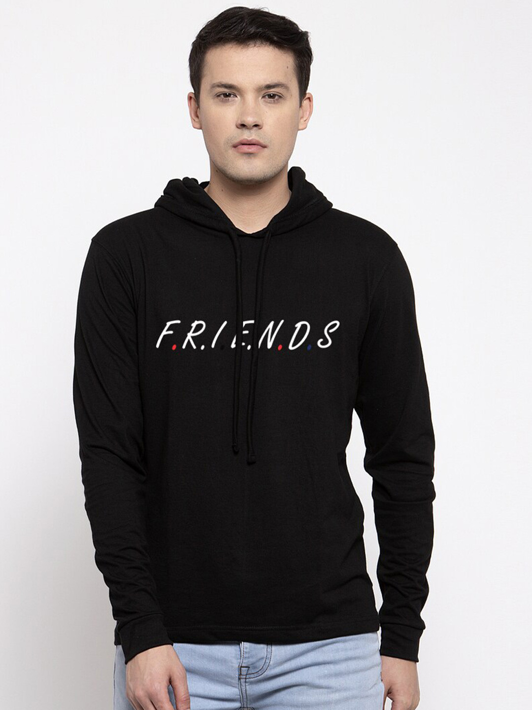 Friskers Men Black Cotton Friends Printed Hooded T-shirt