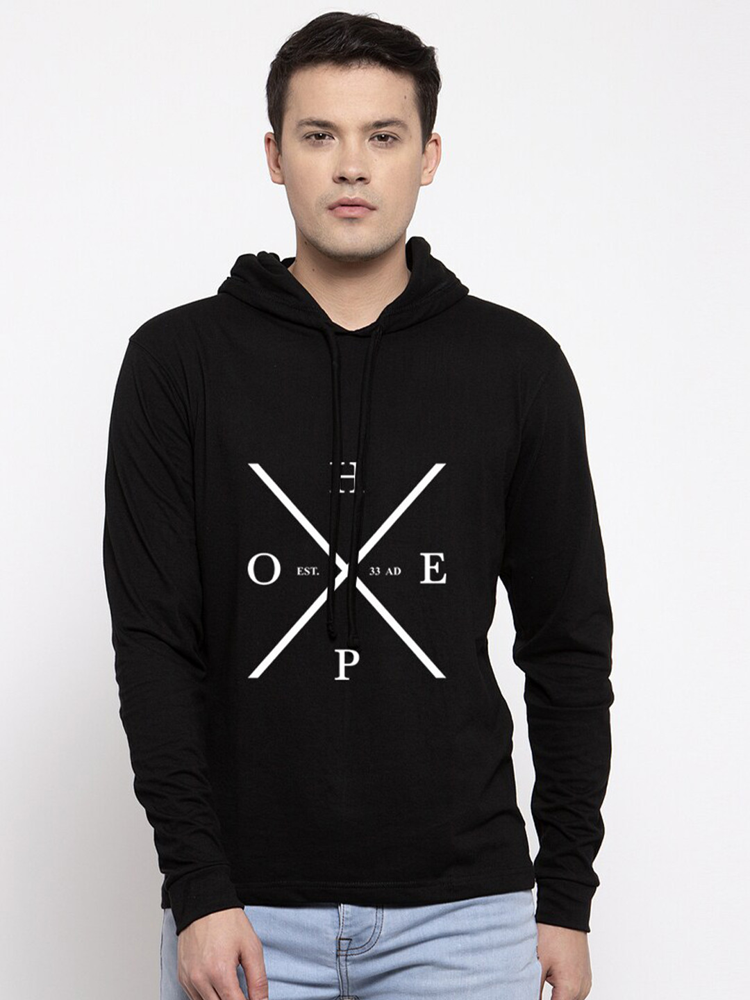 Friskers Men Black & White Printed Hooded T-shirt