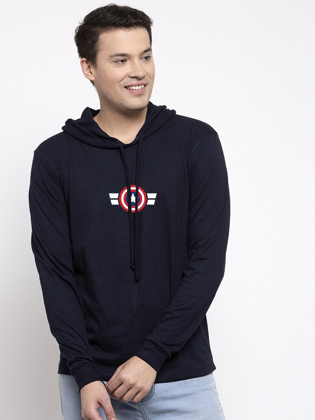 Friskers Men Navy Blue Captain America Printed Cotton Hooded T-shirt