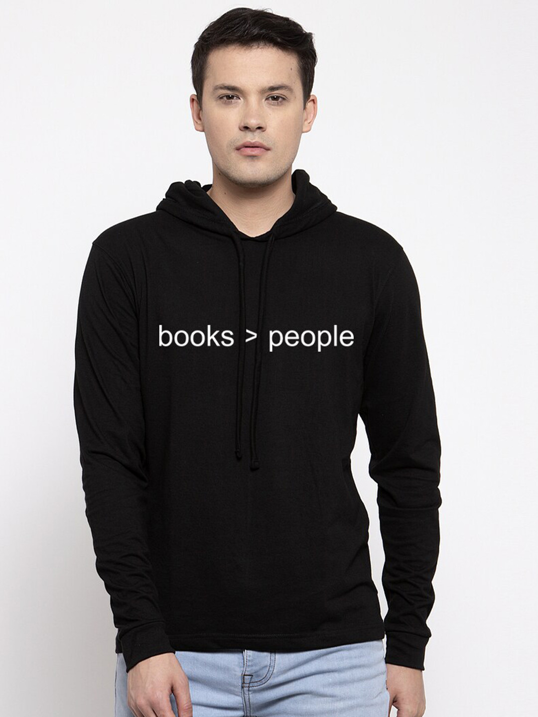 Friskers Men Black & White Typography Printed Hooded T-shirt