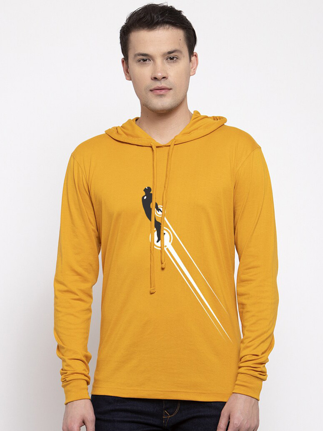 Friskers Men Mustard Yelllow Printed Hooded Cotton T-shirt