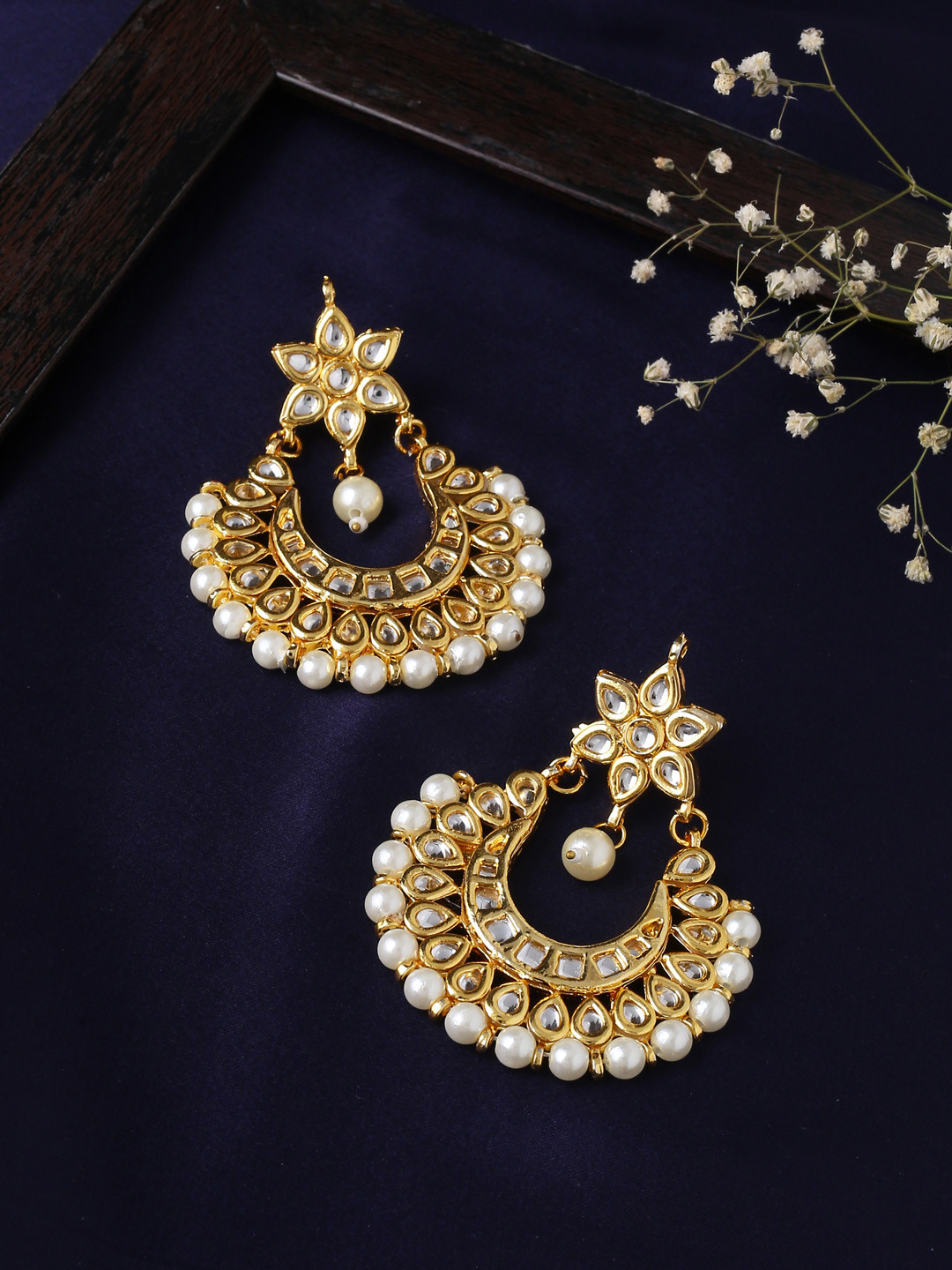 VIRAASI Gold-Toned Kundan & Pearls Studded Chandbalis Earrings