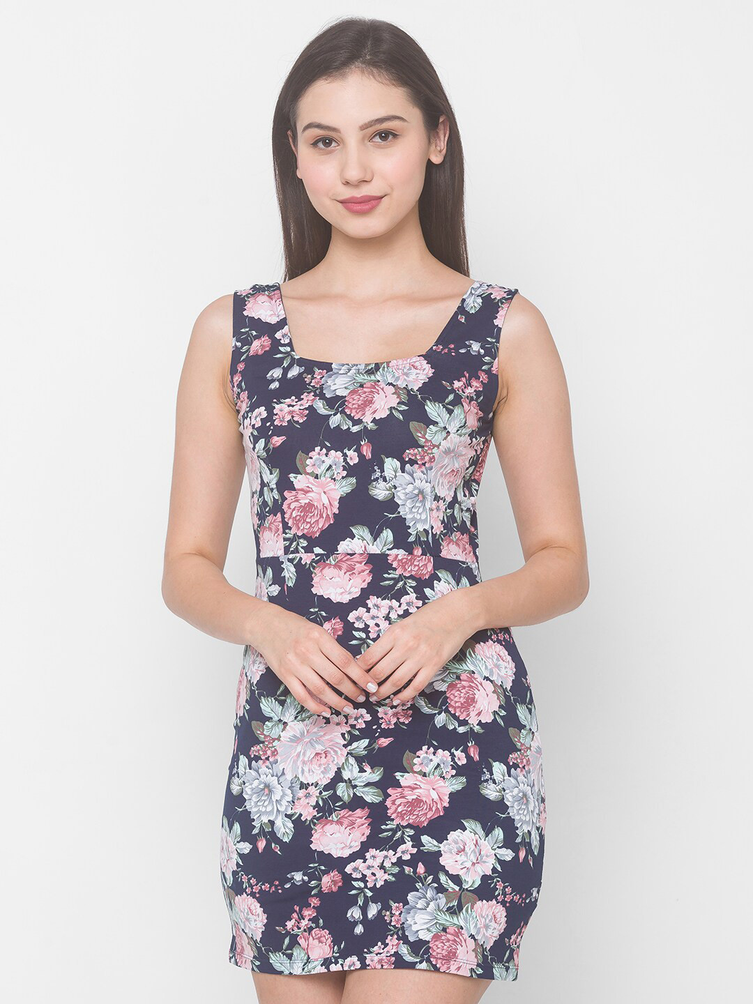 Globus Navy Blue Floral Printed Regular Longline Top