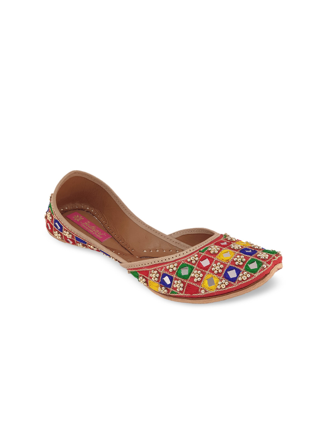 Fulkari Women Red Embellished Leather Mojari Flats